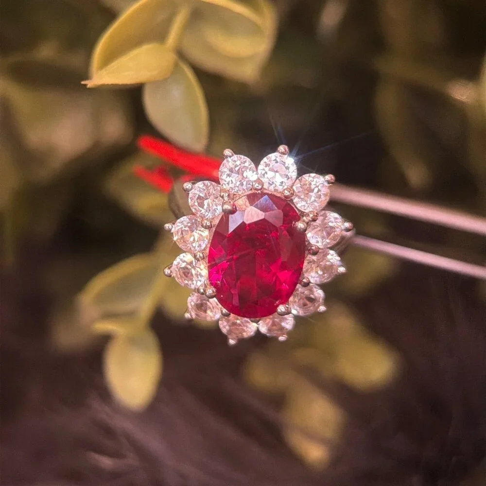 Sterling Silver Ruby/Cz Flower‎ Ring